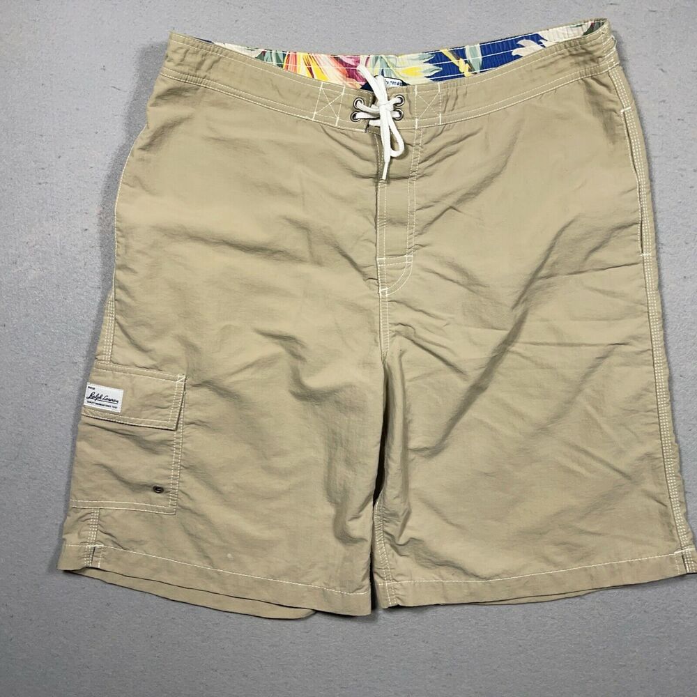 Polo Ralph Lauren Swim Trunks Men 36 Cargo Pocket Tan Khaki Board Shorts Gorp